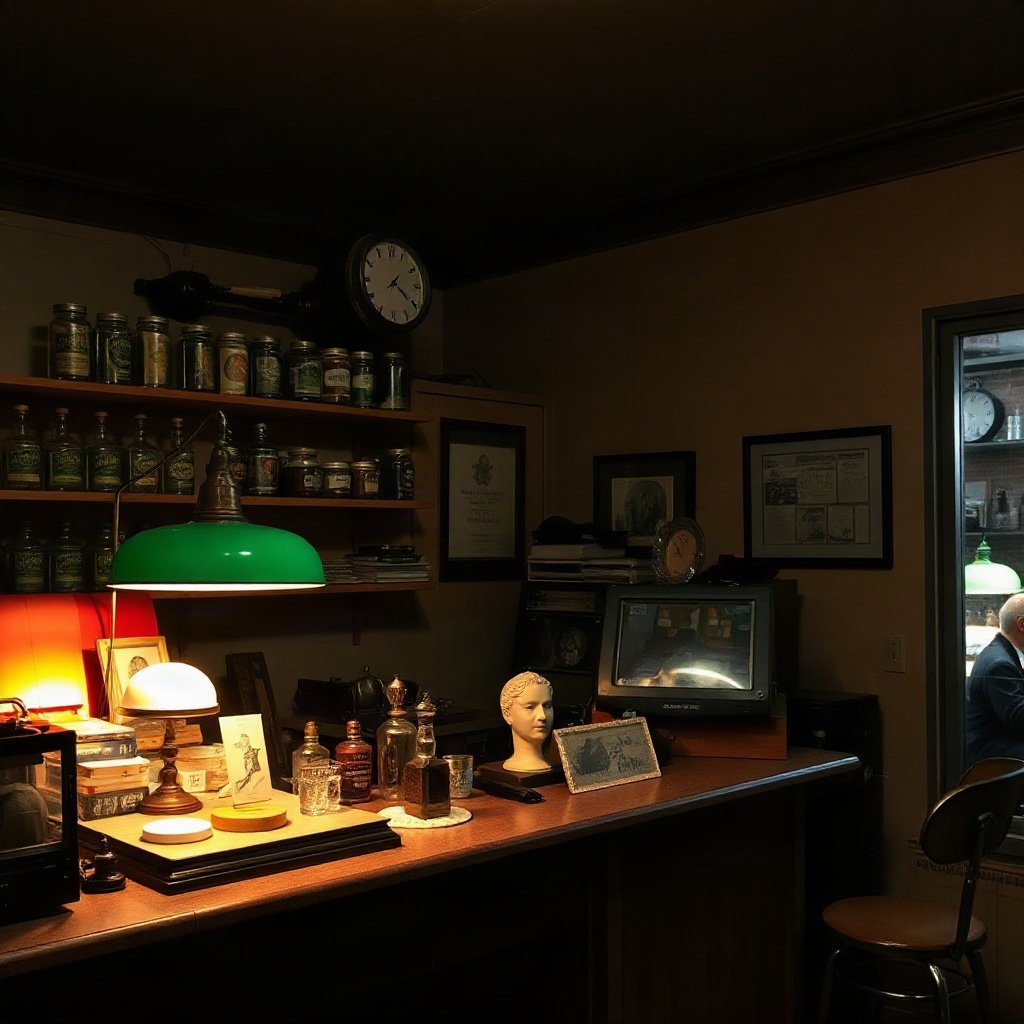 Vintage pawnshop counter lit by a single green lamp